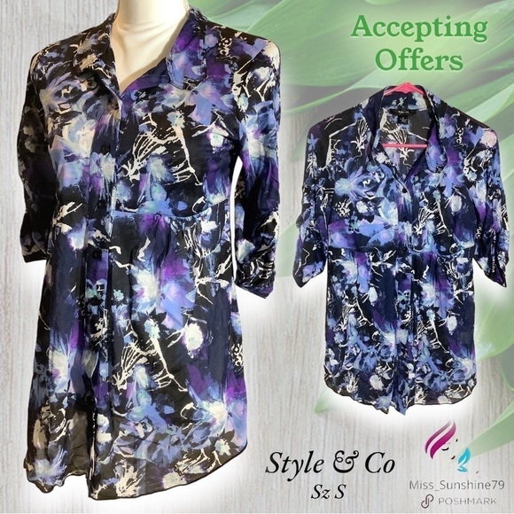 Style & Co - Sz S - 100% nylon 3/4 arm button up top floral pattern transparent - Picture 1 of 8